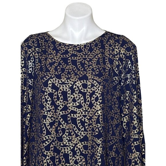 MICHAEL Michael Kors Chain Pattern Blouse, Navy Gold Slit Sleeves Women's Size L - Picture 2 of 10